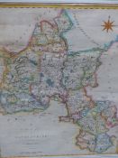 A FRAMED HAND COLOURED MAP OF OXFORDSHIRE BY J. CARY AND VARIOUS 18TH AND 19TH.C.FRAMED PRINTS.