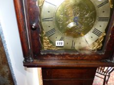 AN 18TH.C.OAK CASED 30 HOUR LONGCASE CLOCK WITH BRASS DIAL, SIGNED SAM HARLEY, SALOP AND WITH