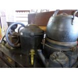 VARIOUS ANTIQUE IRON COOKPOTS AND A COFFEE GRINDER
