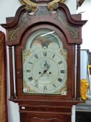 AN EARLY 19TH.C.MAHOGANY EIGHT DAY LONGCASE CLOCK, DECORATED BROKEN PEDIMENT HOOD WITH 13.5" PAINTED