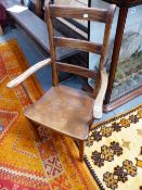 A GEORGIAN COUNTRY ASH AND ELM LADDER BACK ARMCHAIR