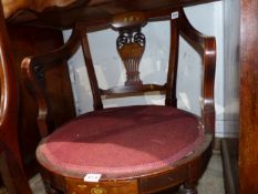 AN EDWARDIAN MAHOGANY AND INLAID TUB FORM ARMCHAIR, A CANE SEATED BEDROOM CHAIR AND FOUR OTHERS