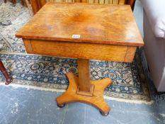 AN EARLY 19TH.C.BURR OAK WORK TABLE WITH FRIEZE DRAWER ON COLUMN SUPPORT AND PLATFORM BASE.