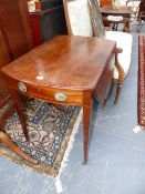 A REGENCY MAHOGANY CROSS BANDED AND BOXWOOD STRUNG OVAL PEMBROKE TABLE ON SQUARE TAPERED LEGS AND