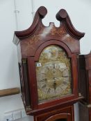 AN EARLY 20TH.C.MAHOGANY AND INLAID LONGCASE CLOCK WITH UNSIGNED ARCH BRASS DIAL AND SILVERED