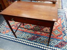 A GEO.III.MAHOGANY SIDE TABLE WITH FRIEZE DRAWER ON SQUARE LEGS UNITED BY STRETCHER. 84cms W.