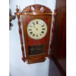 A VICTORIAN DROP DIAL WALL CLOCK WITH TUNBRIDGE TYPE INLAID CASE.