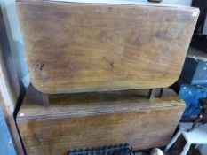 A LATE GEORGIAN MAHOGANY DROP LEAF GATELEG TABLE ON SQUARE TAPER LEGS TOGETHER WITH A LARGER OAK