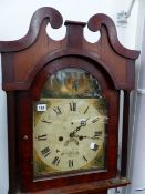 A GEORGIAN OAK AND MAHOGANY CASED EIGHT DAY LONGCASE CLOCK WITH PAINTED ARCH DIAL SIGNED JAS.