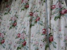 TWO PAIRS OF ROSE PATTERNED LINED AND INTERLINED CURTAINS.