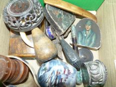 A COLLECTION OF VICTORIAN AND LATER OBJETS TROUVE TO INCLUDE TREEN AND EASTERN BOXES, TWO PORTRAIT