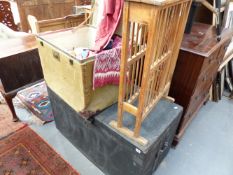 A LARGE ANTIQUE PINE BLANKET BOX, A SMALL PLATE DRYING RACK AND A CANVAS TRUNK CONTAINING VARIOUS
