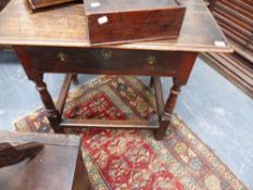 AN 18TH.C.OAK SIDE TABLE WITH FRIEZE DRAWER AND STRETCHER BASE.