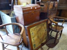 A PAIR OF ANTIQUE CHILD'S CHAIRS, A SMALL PINE BENCH, A TOLEWARE TIN BOX, EGG CRATE,ETC