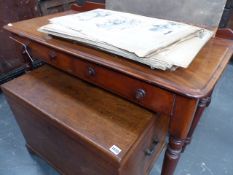 A VICTORIAN MAHOGANY TWO DRAWER TABLE WITH TURNED LEGS. W.105cms.