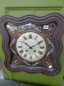 A 19TH.C.FRENCH VINEYARD CLOCK SHAPED OUTLINE CASE INLAID WITH MOTHER OF PEARL, TWO TRAIN GONG