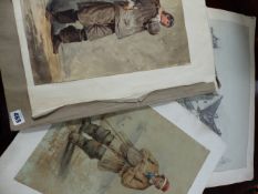 A 19TH.C. ENGLISH SCHOOL TWO PORTRAITS OF FISHERMEN, WATERCOLOURS AND A VILLAGE SCENE IN PENCIL BY