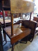 A GEO.III.MAHOGANY DROP LEAF TEA TABLE WITH SQUARE CHAMFERRED LEGS UNITED BY PLATFORM STRETCHER