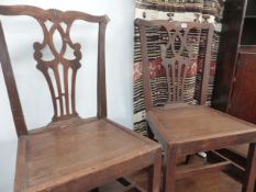 A PAIR OF GEORGIAN OAK PLANK SEAT CHAIRS AND THREE 19TH.C.CHAIRS WITH RUSH SEATS.