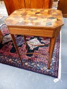 A LATE GEORGIAN ROSEWOOD AND PARQUETRY INLAID WORK TABLE ON SLENDER TAPERED LEGS UNITED BY SWEPT
