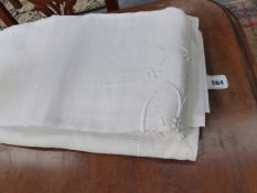 TWO LINEN TABLECLOTHS, ONE BEARING MONOGRAM GF TOGETHER WITH ONE PLAIN WITH ACCENT BORDER OF SIMILAR