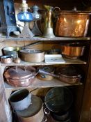 A LARGE COLLECTION OF VICTORIAN AND LATER COPPER, BRASS AND OTHER KITCHEN WARE.