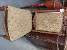 TWO PAIRS OF REGENCY MAHOGANY CHAIRS AND A CARVED VICTORIAN NEEDLEWORK COVERED SLIPPER CHAIR.