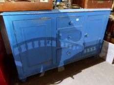 A VICTORIAN BLUE PAINTED PINE GALLERY BACK DRESSER