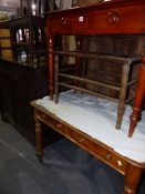 TWO VICTORIAN ASH SIDE TABLES WITH FRIEZE DRAWERS, AN OAK SIDE CABINET, A LUGGAGE RACK AND TWO