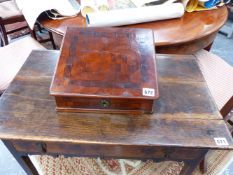 A 19TH.C.CONTINENTAL WALNUT AND SPECIMEN WOOD PARQUETRY INLAID SLOPE TOP WRITING BOX.