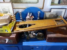 A VINTAGE LEATHER VANITY CASE, A VICTORIAN BRASS FENDER, VARIOUS PLATEDWARE AND CUTLERY, A BOOT