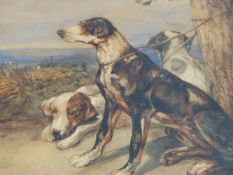 LATE 19TH.C.ENGLISH SCHOOL DOGS IN A LANDSCAPE, INITIALLED D.C. WATERCOLOUR. 26x36cms.