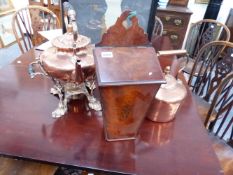 A LARGE VICTORIAN COPPER KETTLE ON STAND, ANOTHER COPPER STOVE KETTLE AND A GEORGIAN MAHOGANY AND