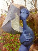 20TH CENTURY GARDEN SCULPTURE: "FEELING THE PREGNANCY" BY LUXON KARISE, CARVED SPRINGSTONE.