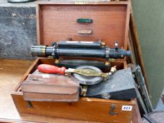 A GOOD STANLEY, HOLBORN, LONDON THEODOLITE IN ORIGINAL BOX WITH TRIPOD STAND, TWO FURTHER TRIPODS, A