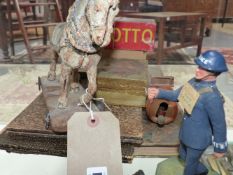 A VINTAGE COMPOSITE PULL ALONG HORSE TOY, A HAND MADE WOODEN FIGURE OF A POLICEMAN, GAMES BOARDS,