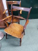 THREE 19TH.C.BEECH AND ELM OXFORD ARMCHAIRS.