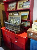 A RED PAINTED ANTIQUE PINE SMALL KITCHEN DRESSER.