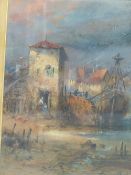 C.J.KNOX ENGLISH 19TH.C., A FISHING VILLAGE, SIGNED PASTEL. 40x28cms.