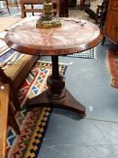 A Wm.IV.ROSEWOOD AND MARBLE TILT TOP CENTRE TABLE ON SHAPED OCTAGONAL SUPPORT AND TRIFORM PLATFORM