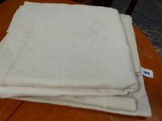 TWO ECRU LINEN TABLECLOTHS, BOTH WITH ACCENT BORDERS, ONE MEASURING 208x280cms, THE OTHER SIMILAR