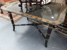 A PAIR OF REGENCY STYLE TRAY TOP SIDE TABLES WITH GILT DECORATION.