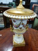 AN OLD PARIS CAMPAGNA FORM TWIN HANDLED URN WITH GILT MASK DECORATION, POLYCHROME FLORAL SWAGS