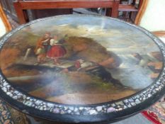 A VICTORIAN PAPIER MACHE OCCASIONAL TABLE , THE TOP DECORATED WITH PAINTING ENTITLED THE BLIND