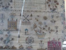 AN EARLY 19TH.C.SILKWORK SAMPLER BY HANNAH GASKELL, 1829 VERSE ABOVE VARIOUS BUILDINGS AND FIGURES