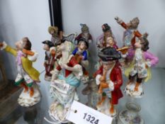 TWELVE VARIOUS GERMAN PORCELAIN FIGURES OF MONKEY MUSICIANS WITH POLYCHROME AND GILT DECORATION.