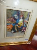 DAVID WOODLOCK (1842-1929) VENETIAN FRUIT SELLER, SIGNED WATERCOLOUR. 19x14cms.