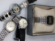 AN OMEGA SEAMASTER AUTOMATIC WRISTWATCH, AN OMEGA QUARTZ WATCH, A DIGITAL WATCH AND A CASTROL