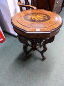 A VICTORIAN BURR WALNUT AND MARQUETRY INLAID SEWING TABLE.