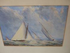 FOUR 19TH/20TH.C.MARINE WATERCOLOURS TO INCLUDE RACING SAILBOATS, INITIALLED J.H. 24x34cms.